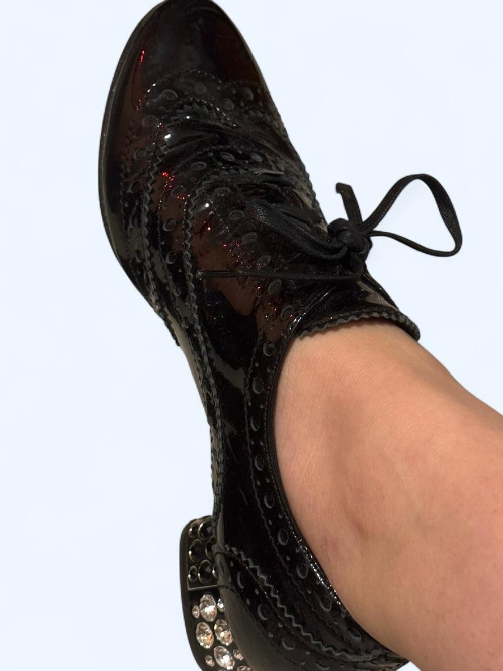 Miu Miu Women's Black Patent Lace-Up Brogue with Embellished Heel